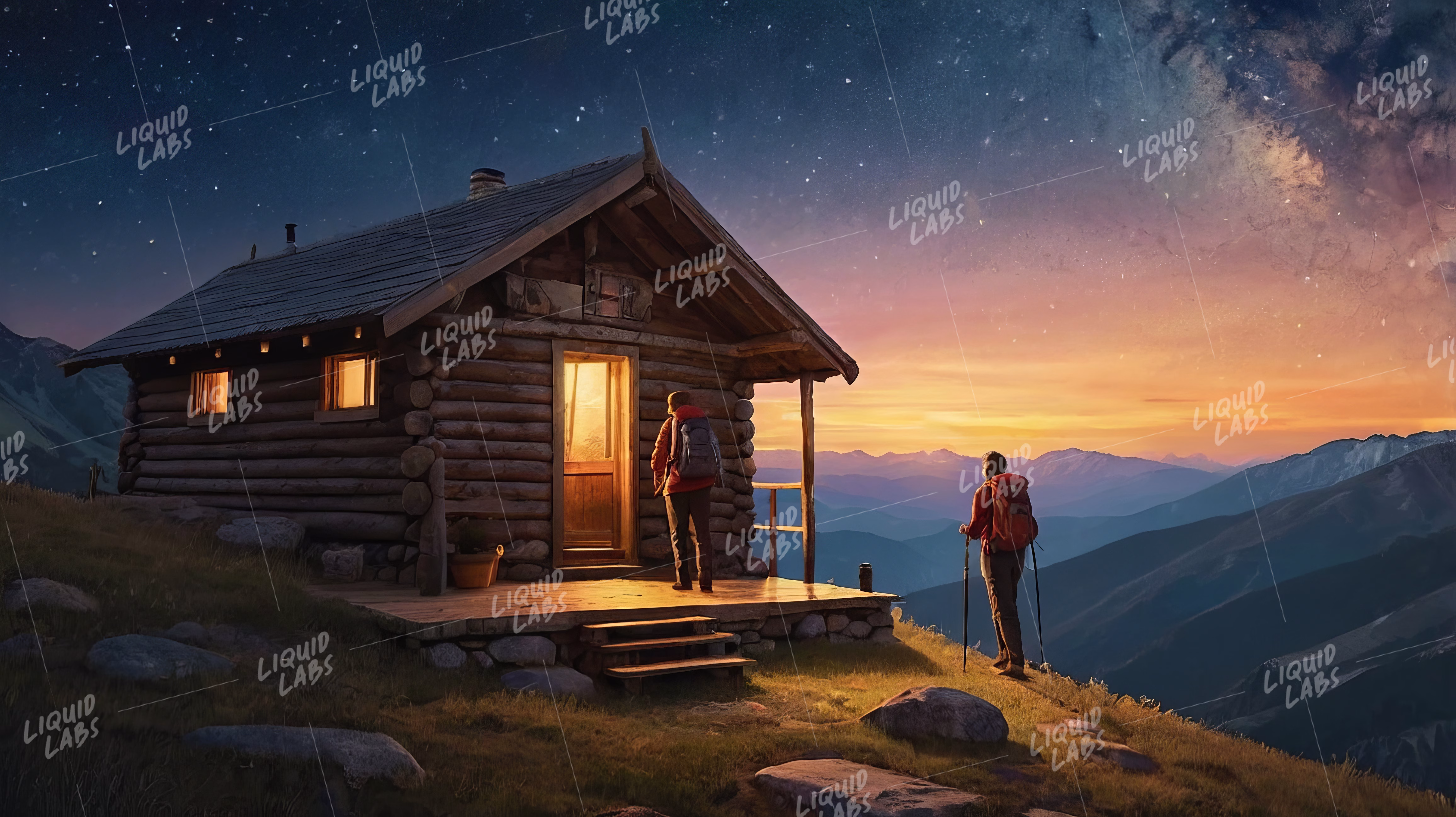 Cabin with Man and Woman Under Starry Sky